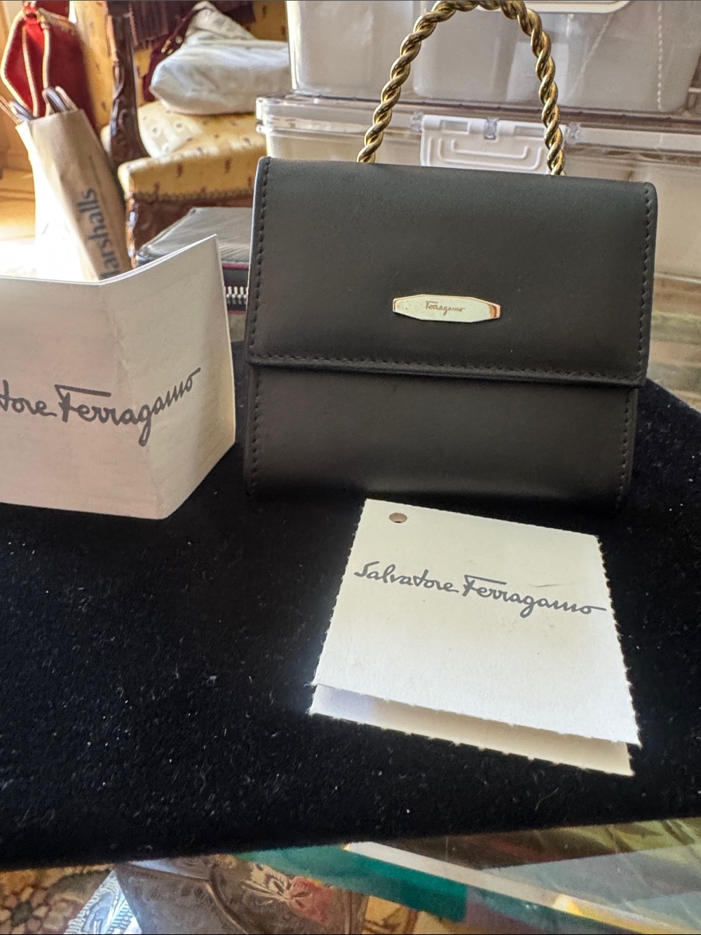 Salvatore Ferragamo Black Leather coin and card holder 3” x 3”